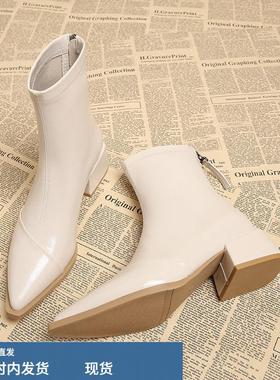 真皮尖头白色入秋法式小踝靴女鞋2025新款秋冬高级感粗跟韩系短靴