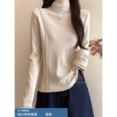 半高领内搭长袖针织打底衫女秋冬大码胖mm巨显瘦蕾丝拼接上衣毛衣