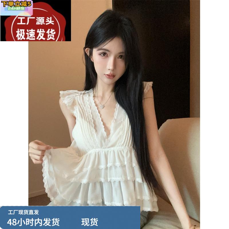 小飞袖荷叶边雪纺衬衫女夏季独特绝美无袖露背上衣法式甜美娃娃衫