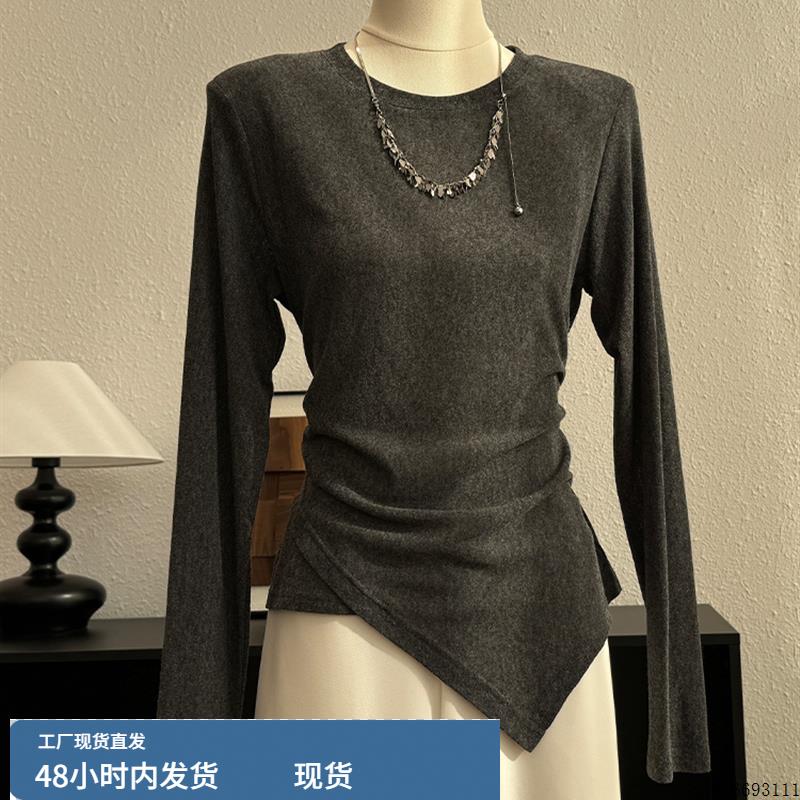 高级感圆领长袖t恤女2025秋季新款褶皱收腰打底衫独特不规则上衣