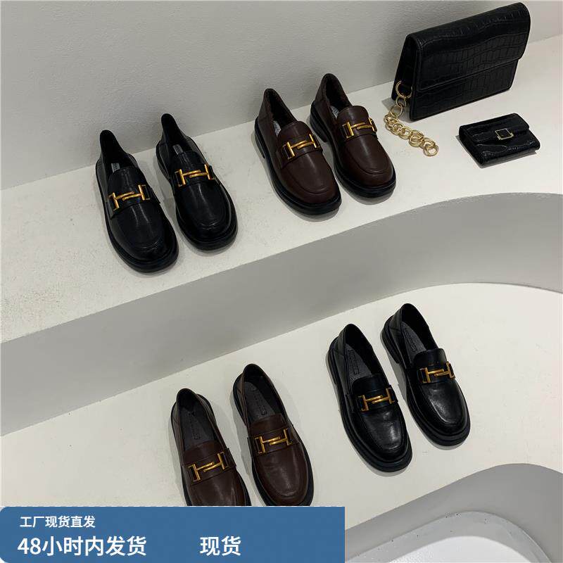 英伦风小皮鞋法式厚底乐福鞋2024秋冬百搭豆豆鞋单鞋女鞋穆勒鞋