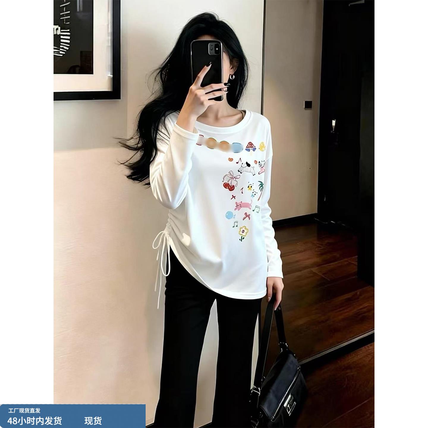 韩系时尚卡通印花长袖T恤女2025年秋季新款白色抽绳收腰显瘦上衣