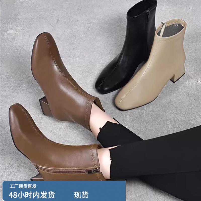 2023新款真皮短靴女羊皮圆头皮鞋秋冬季粗跟加绒马丁靴英伦风单靴