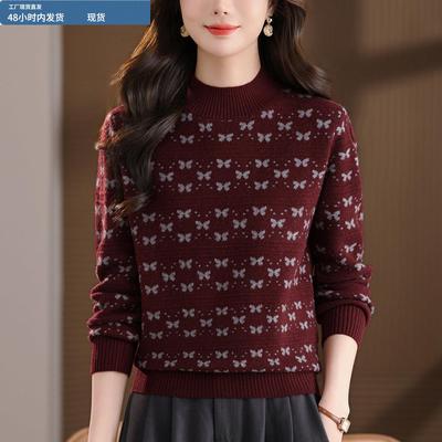 蝴蝶结提花红色半高领针织衫打底衫女秋冬温柔风显瘦内搭毛衣上衣