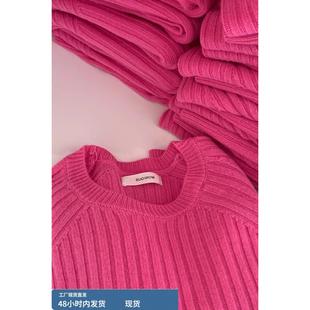 2023秋冬新款韩式玫瑰粉色女式外套头针织衫慵懒风格圆领简单时尚