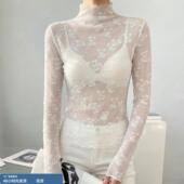 白色半高领蕾丝打底衫 女木耳边网纱内搭透明轻奢高级感超好看上衣