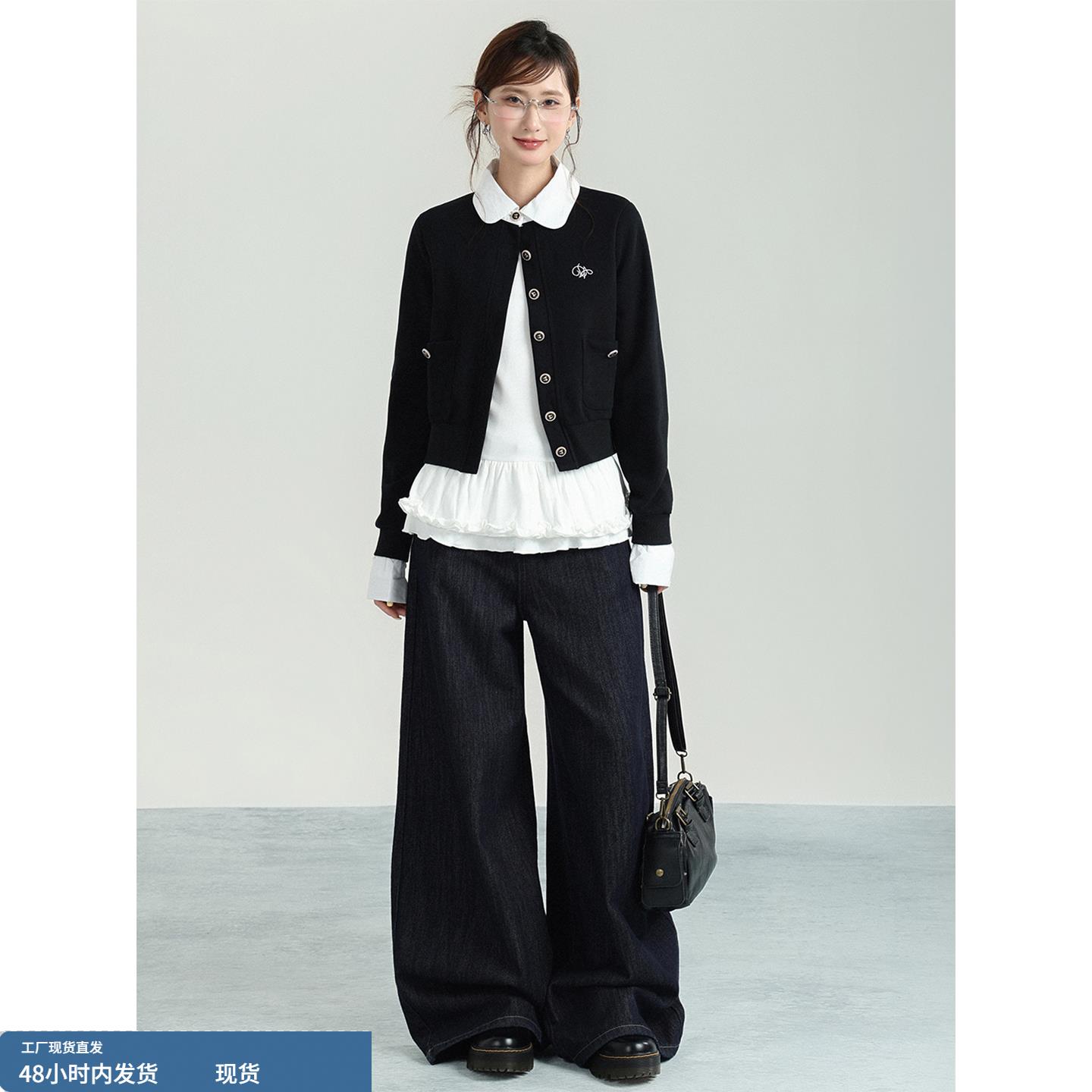 黑色翻领纽扣针织开衫女秋冬2025新款撞色拼接假两件慵懒毛衣外套