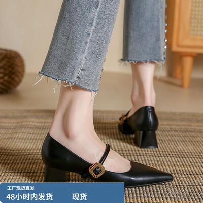 复古法式单鞋女2024新款百搭尖头中跟玛丽珍女鞋粗跟夏季高跟鞋
