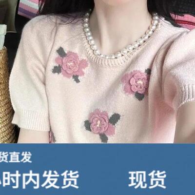 韩版粉色玫瑰花立体泡泡袖t恤女夏季2026新款休闲显瘦针织上衣女