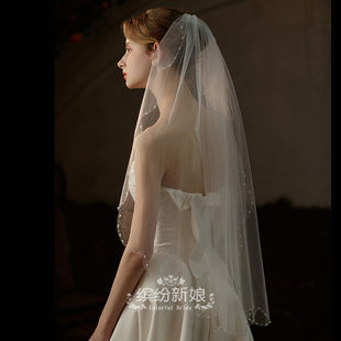 精致手工珍珠中短款 简约优雅法式 新娘婚纱头纱结婚单层发梳头饰
