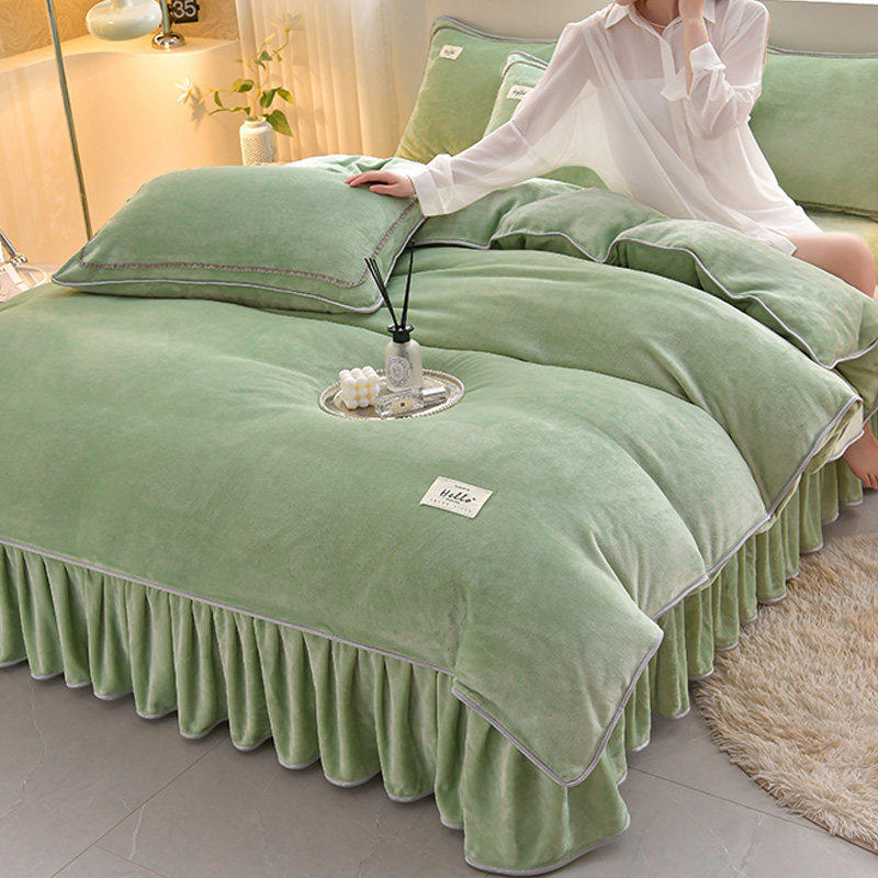 冬天加厚保暖纯色牛奶绒四件套双面加绒单件被套法兰绒床裙拼色