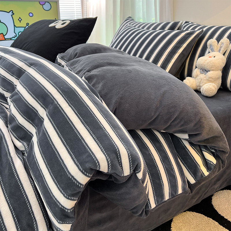 简约珊瑚绒床上四件套牛奶绒冬季加厚双面法兰加绒被套床单三件套