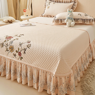 刺绣花边夹棉床盖单件绗缝带裙边床单 韩版 三件套四季 通用2025新款