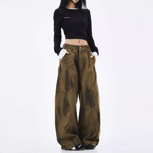 ORDERSTAGE美式复古水洗做旧弯刀工装裤女vintage宽松阔腿长裤潮
