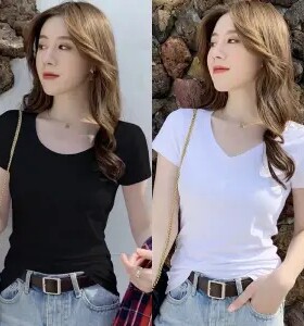 夏季薄款短袖t恤女装修身V领打底衫潮学生紧身衣服内搭白色上衣服