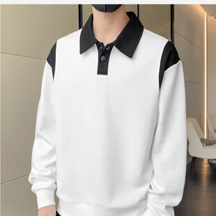宽松百搭潮流休闲冬装 新款 男生上衣服 春秋季 翻领拼接卫衣男士