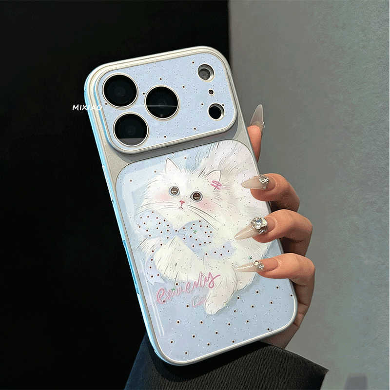 日韩蝴蝶结布偶猫适用苹果17promax手机壳iphone16电镀air大视窗玻璃15补妆14创意plus新款13少女12p防摔硬壳