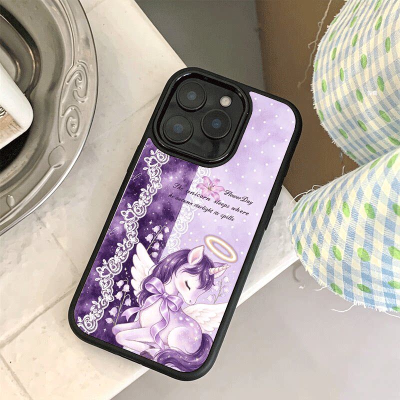 紫色蕾丝独角兽适用苹果18手机壳iPhone17promax创意15新款14爆款13mini小众11黑色肤感玻璃8女12p防摔16硬壳