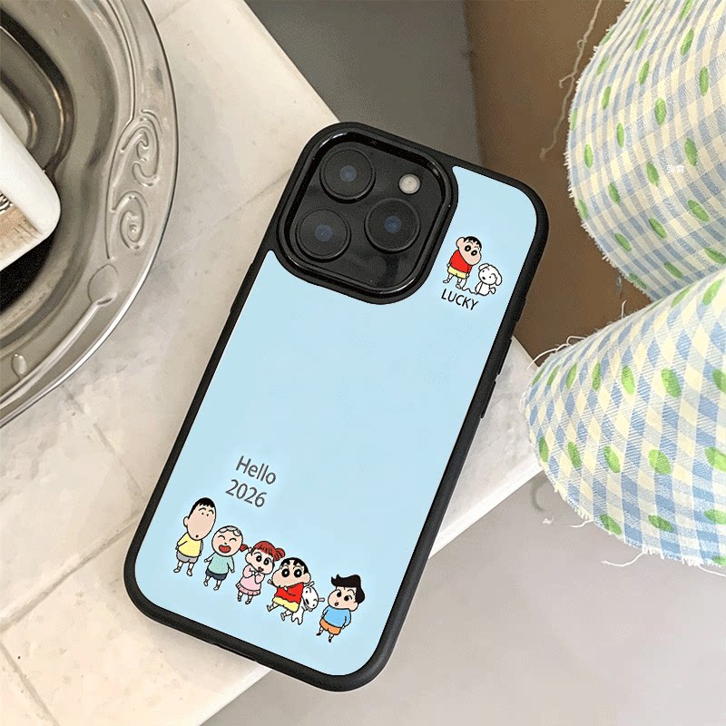ins蓝色蜡笔小新适用苹果17promax手机壳iPhone16创意15新款14卡通13mini女12高级x小众黑色肤感玻璃防摔硬壳
