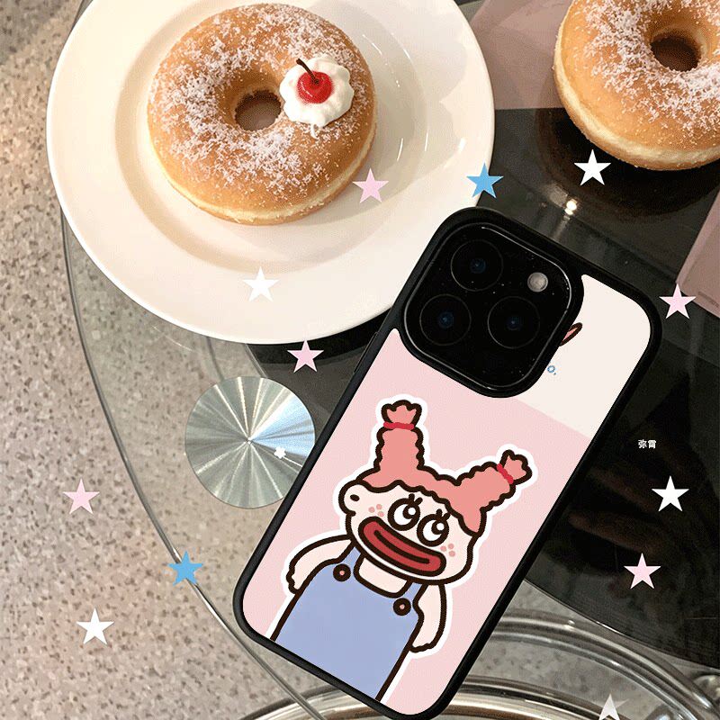 辫子卡通女孩适用苹果17手机壳iPhone16创意15小众新款14promax爆款13min个性女12黑色肤感玻璃7全包防摔硬壳