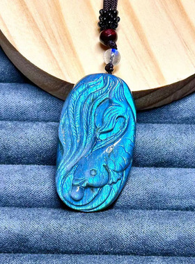 天然拉长石 灰月光石吊坠女强彩光蓝光简约百搭 雕刻吊坠