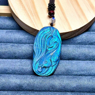 天然拉长石 灰月光石吊坠女强彩光蓝光简约百搭 雕刻吊坠