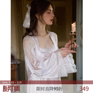 RoseTree新娘晨袍女春秋季 睡衣带胸垫 冰丝蕾丝睡裙睡袍两件套法式