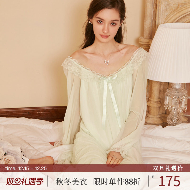 Rosetree甜美公主风网纱长袖睡裙