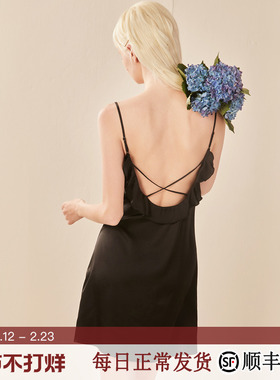 RoseTree冰丝吊带睡衣女士夏季黑色性感纯欲风仿真丝睡裙2025新款