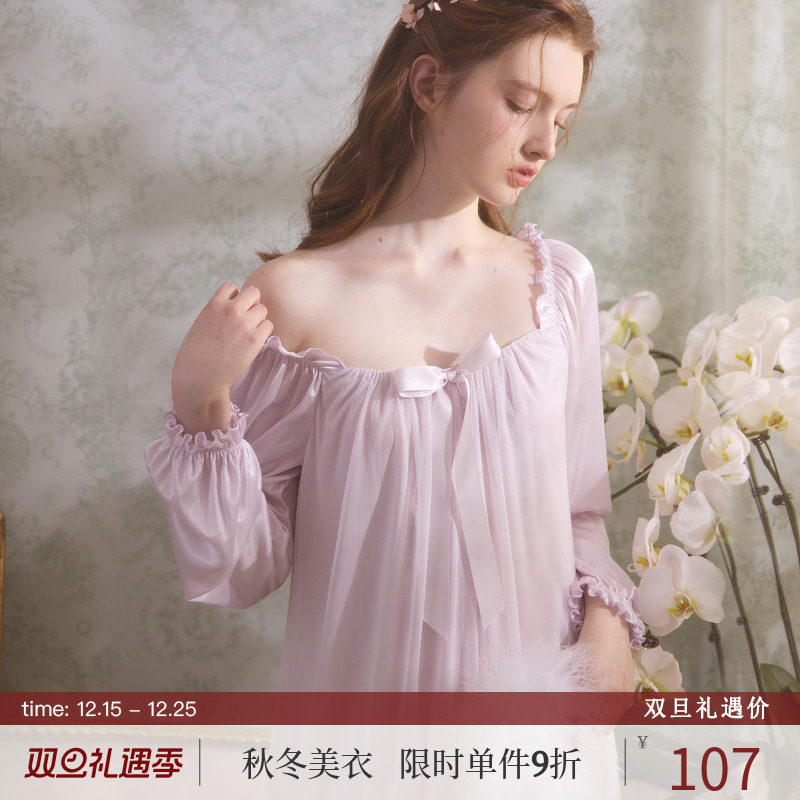 RoseTree法式睡裙女款春夏季长袖宽松冰丝宫廷公主风性感睡衣长款