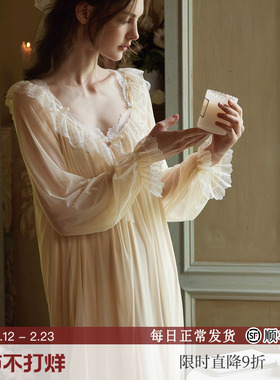 RoseTree冰丝睡裙女春秋长袖长款宫廷公主风性感纯欲法式绝美睡衣