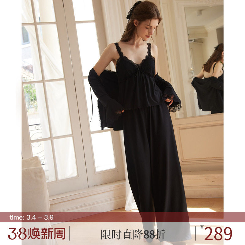 RoseTree睡衣女三件套春秋季黑色莫代尔性感纯欲家居服带胸垫