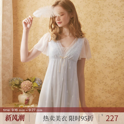 RoseTree公主睡裙女夏季薄款短袖睡衣性感蕾丝少女带胸垫家居裙