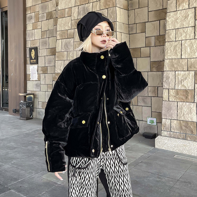 丝绒中长款立领白鸭绒羽绒服