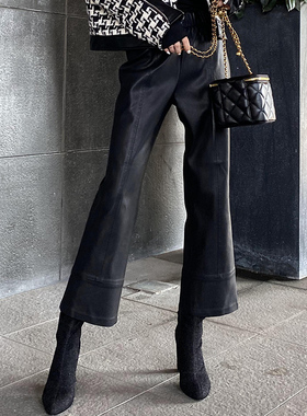 皮裤女2024新款高腰九分韩版外穿喇叭裤哑光pu皮欧货宽松裤子潮