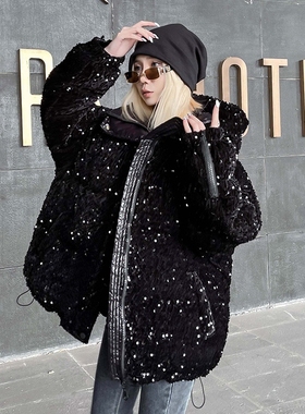 亮片羽绒服女白鸭绒2025新款中长款免洗冬季重工设计感加厚面包服