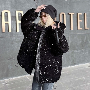 亮片羽绒服女白鸭绒2025新款中长款免洗冬季重工设计感加厚面包服