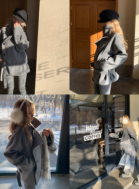 KMZD 巴黎秀场 短款系带高级感毛呢金敏喜同款大衣女廓形慵懒外套