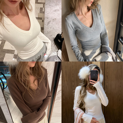 纯色修身保暖显瘦百搭V领长袖
