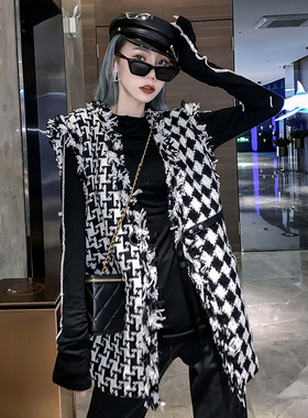 千鸟格马甲女秋款时尚欧洲站背心外套英伦风小香风中长款马夹潮