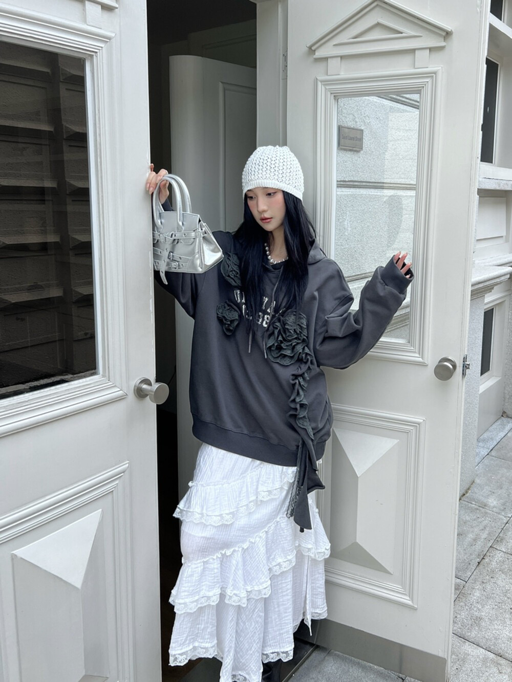 现货秋冬新款玫瑰花刺绣连帽字母印卫衣女宽松慵懒风设计感上衣