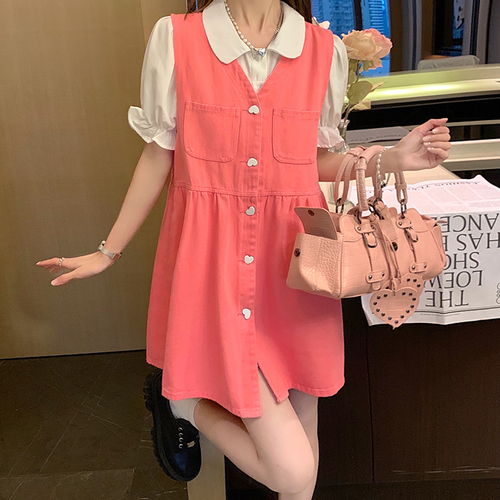 Real auction real price retro Hong Kong Style sleeveless denim vest skirt women look thin and versatile A-line love button dress#