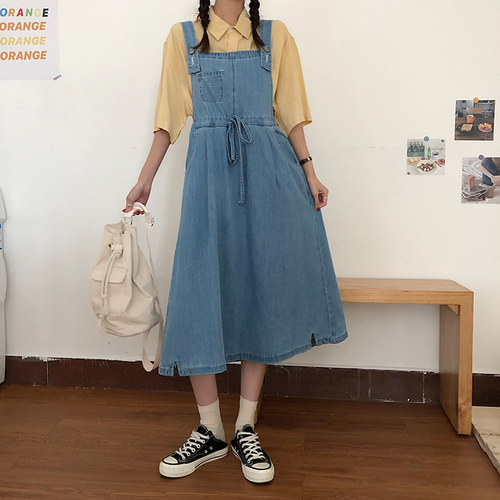 Real shot real price Korean age reducing loose denim belt skirt dress medium length skirt A-line