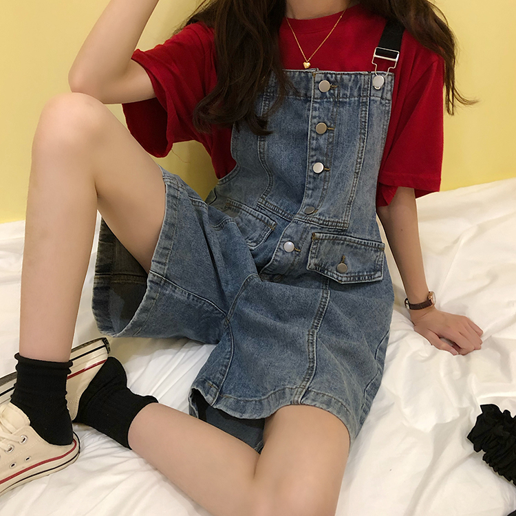 Real shooting and real price college style denim strap shorts single breasted wide leg strap Jumpsuit