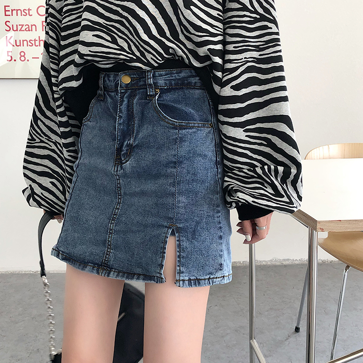 Real Price vintage Hong Kong style high waist denim skirt with split elastic buttock A-line trouser skirt