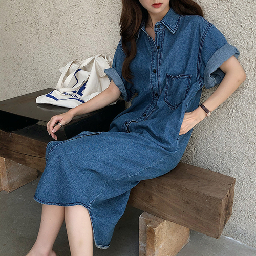 Real shot real price Korean Slouchy style retro loose Denim Short Sleeve Shirt Dress