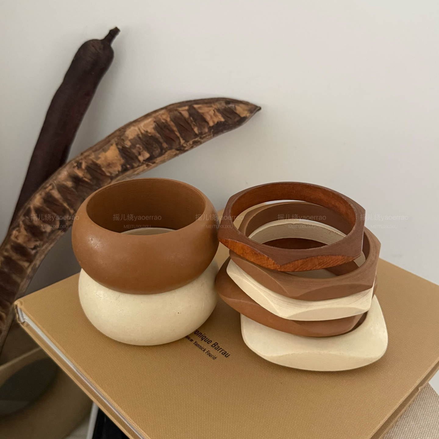 大气几何木质手镯宽手环叠戴