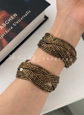 摇儿绕 复古80s晚宴意犹未尽的金色做旧交叉串珠编织手镯环叠戴