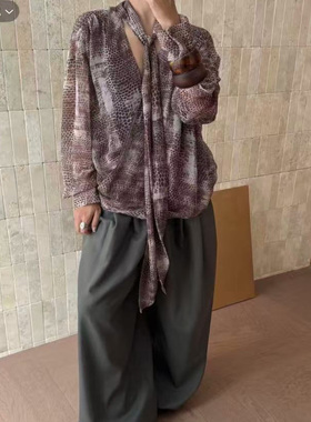 现货 正品Cello Sonata 25秋 豹纹铜氨丝蛇纹飘带交叉长袖上衣T恤