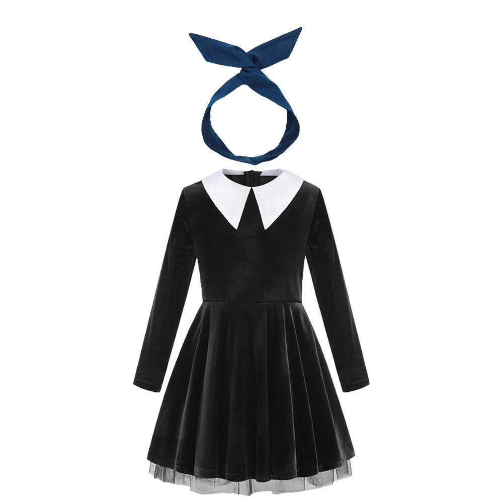 亚当斯一家星期三公主裙The Addams六一节女童丝绒巫婆连衣裙礼服